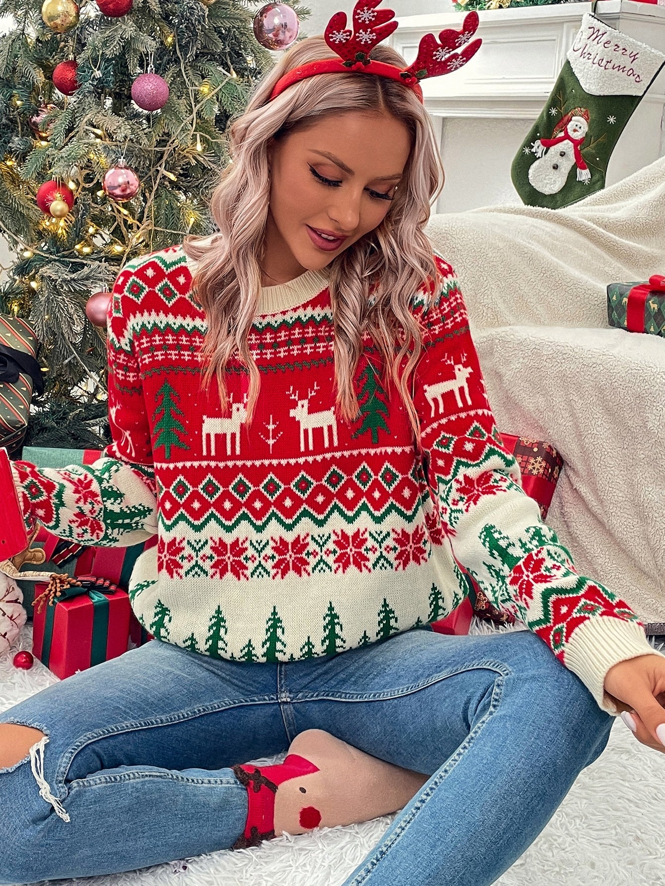 Jersey con patrón de Navidad de cuello redondo