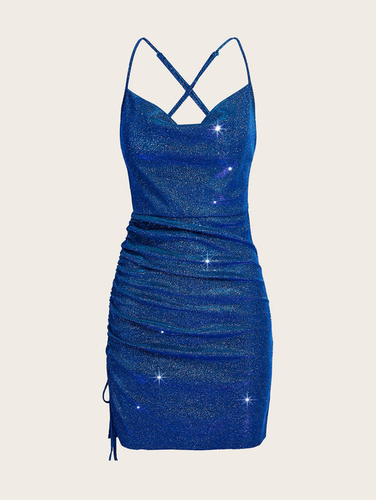 SHEIN BAE Vestido ajustado de espalda abierta con tira cruzada fruncido brillante