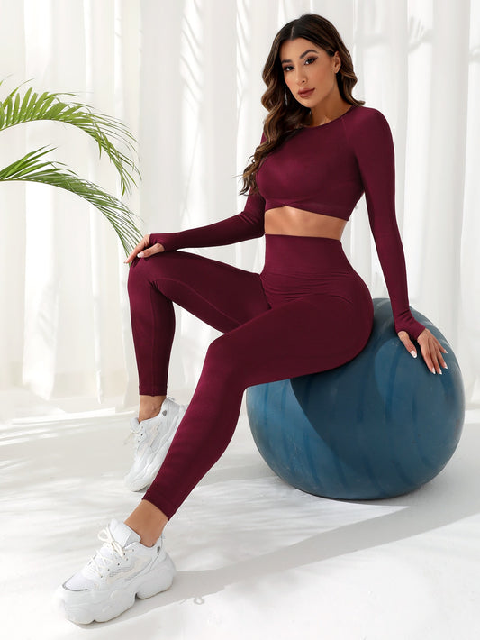 SHEIN Sport Studio Conjunto de Yoga inconsútil, 2 piezas, traje de Pilates, camiseta de manga raglán con agujero para el pulgar y mallas con control de barriga y glúteos