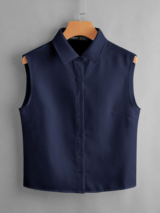 SHEIN LUNE Camisa unicolor con botón delantero sin manga