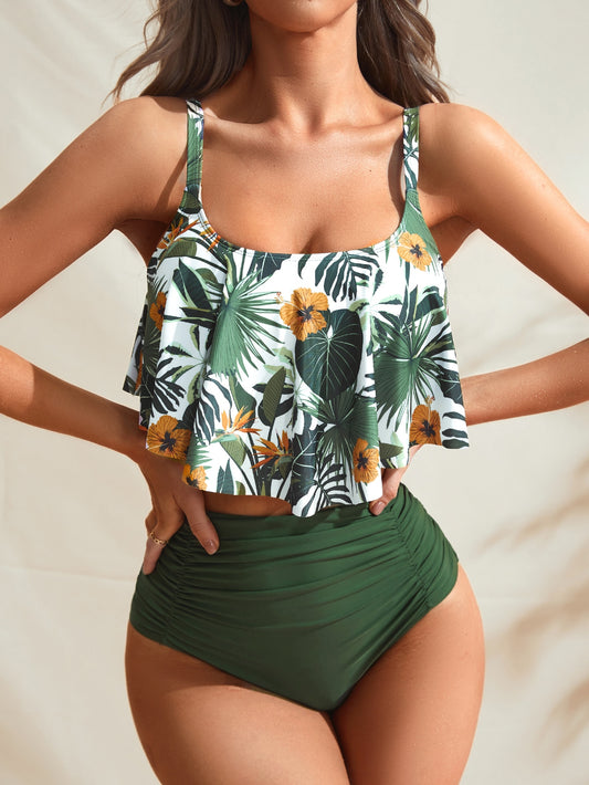 SHEIN Swim Vcay Bañador bikini con estampado tropical fruncido de talle alto