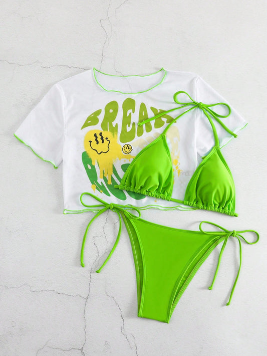 Bañador bikini con estampado de dibujos animados triángulo con cordón lateral con cover up