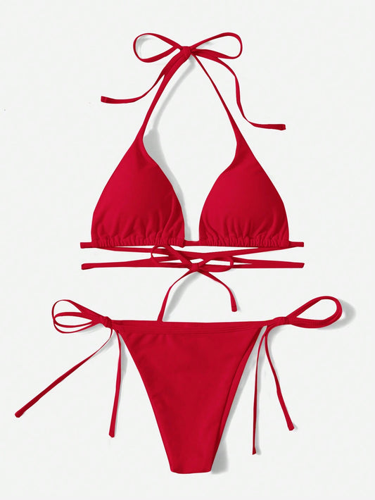 SHEIN Swim Basics Bañador bikini unicolor halter triángulo con cordón lateral