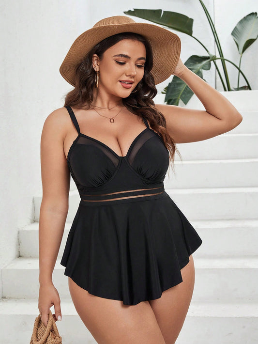SHEIN Swim Curve Bañador bikini de malla en contraste bajo con fruncido