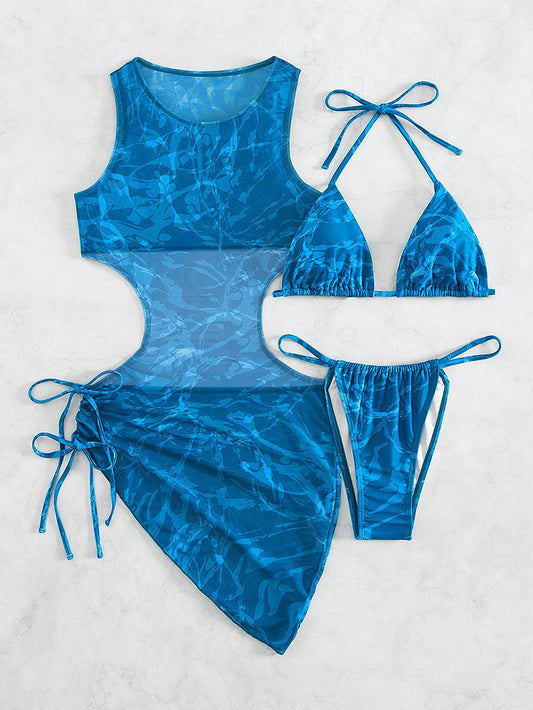 SHEIN Swim Vcay Bañador bikini triángulo halter con estampado con cover up