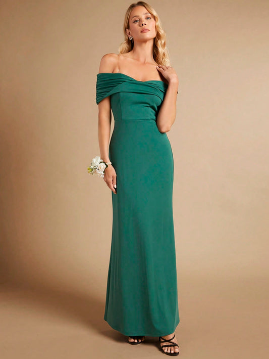 SHEIN Belle Vestido de dama de honor de hombros descubiertos fruncido delantero bajo sirena con tiras transparentes
