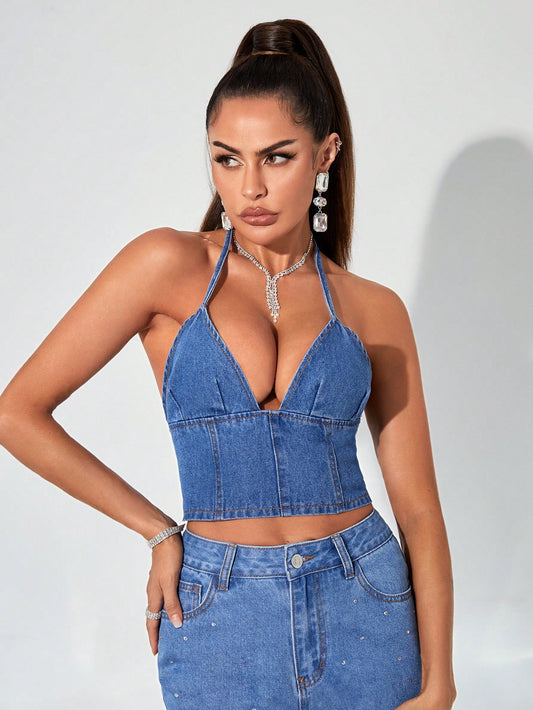 SHEIN BAE Top halter de espalda abierta con cordón con cremallera trasera crop mezclilla