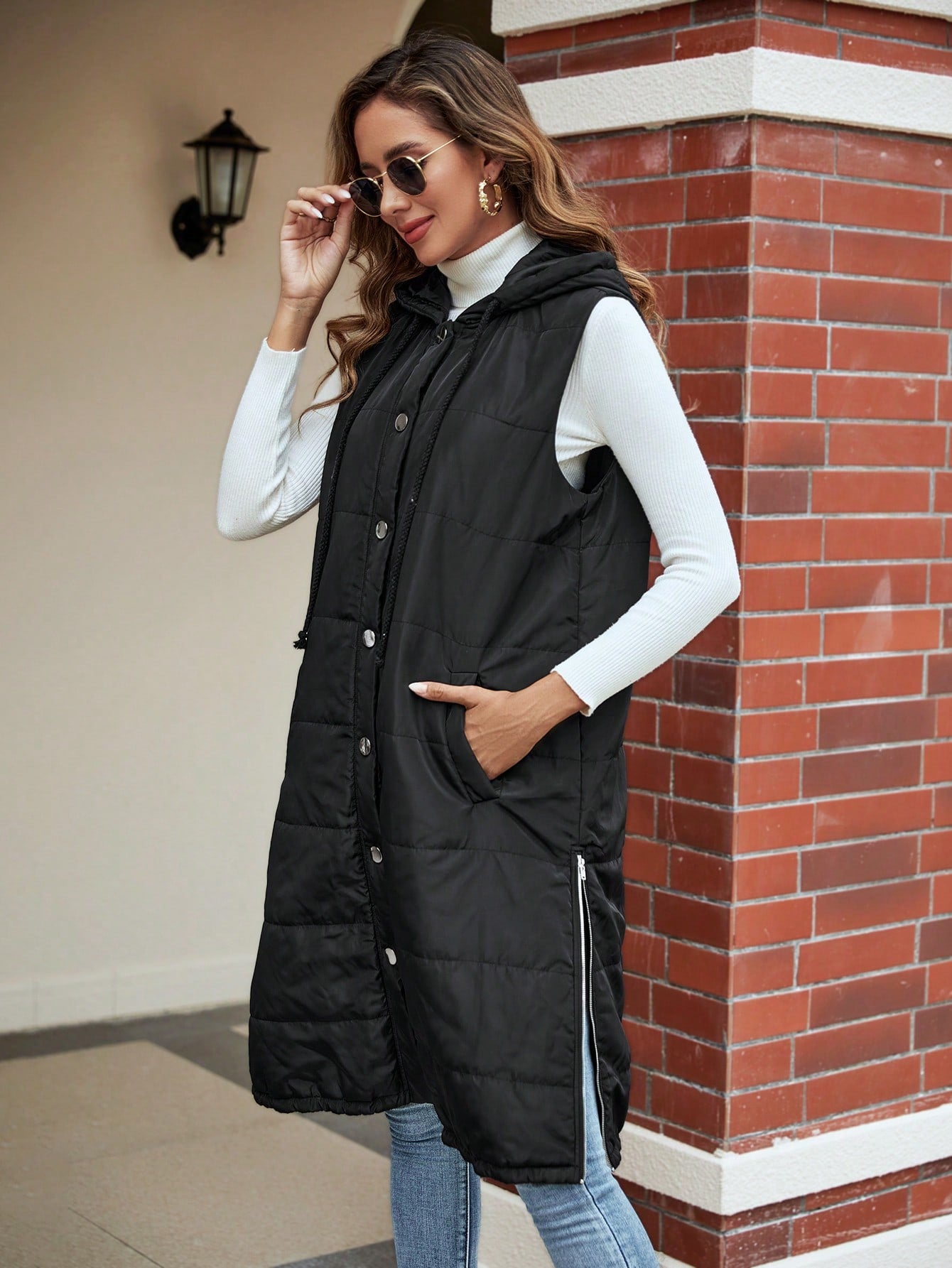 SHEIN LUNE 1 pieza Chaleco acolchado con capucha y bolsillo, abrigo acolchado