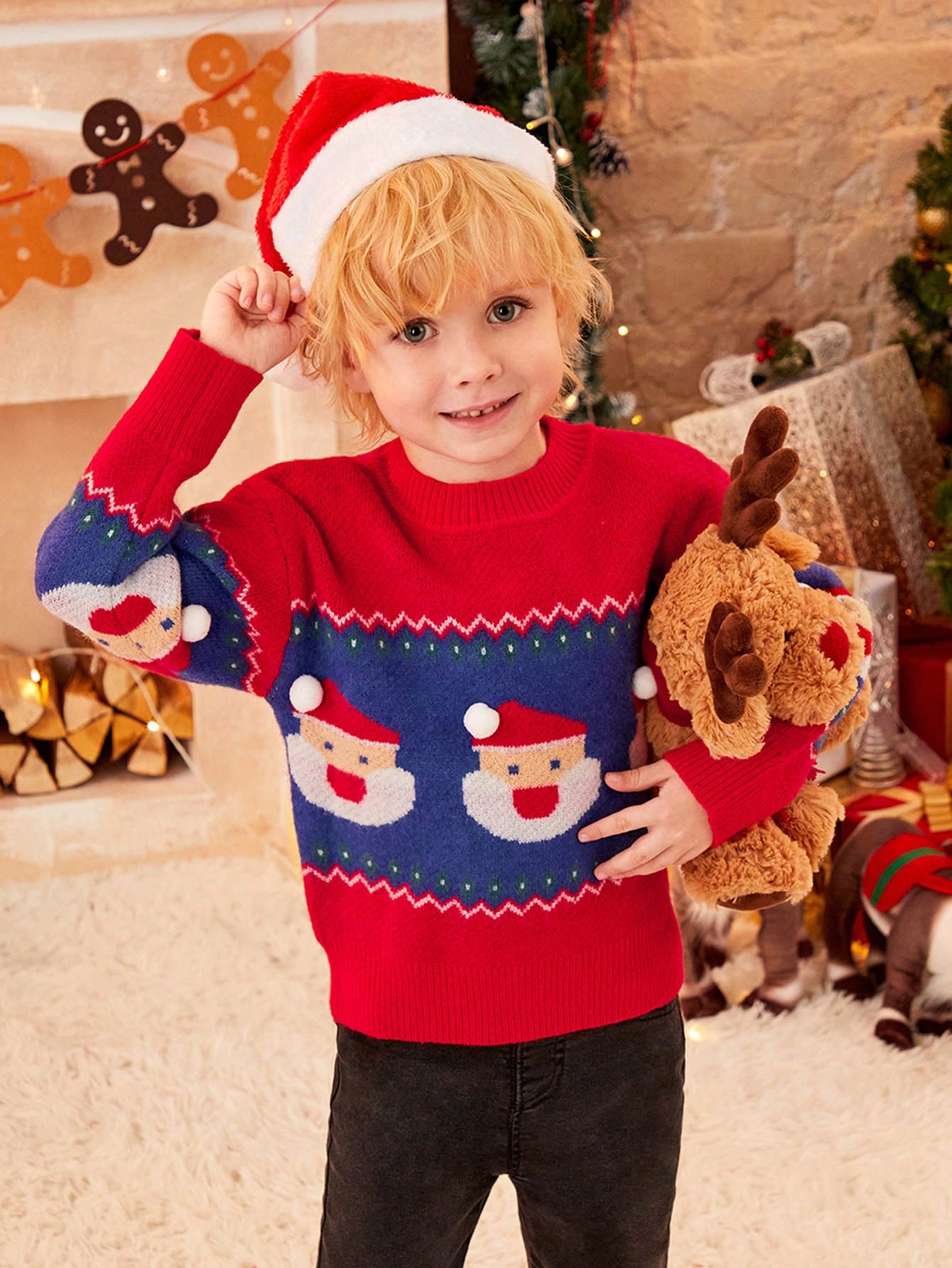 Chico joven Jersey con patrón de Navidad de hombros caídos