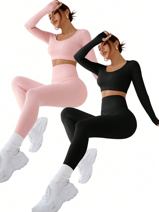 SHEIN Sport Studio 2 piezas Conjunto deportivo inconsútil con estiramiento alto agujeros para pulgares
