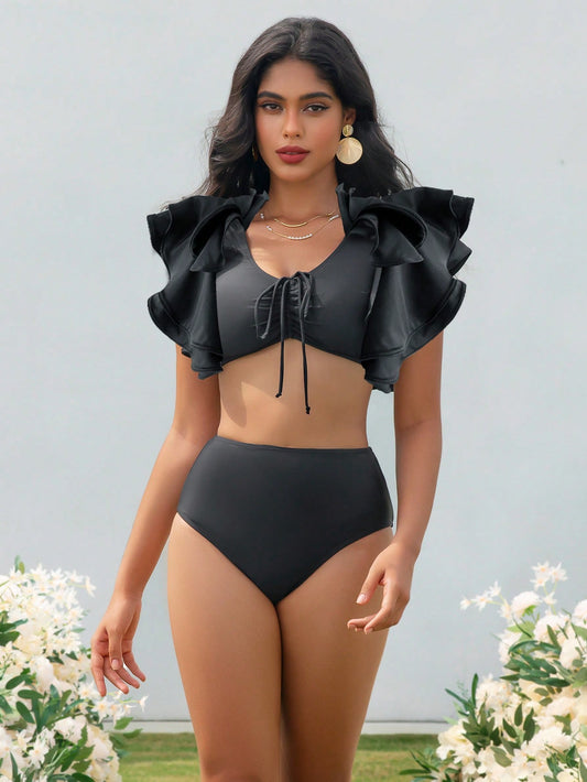 SHEIN Swim Chicsea Bañador bikini ribete con fruncido con cordón delantero