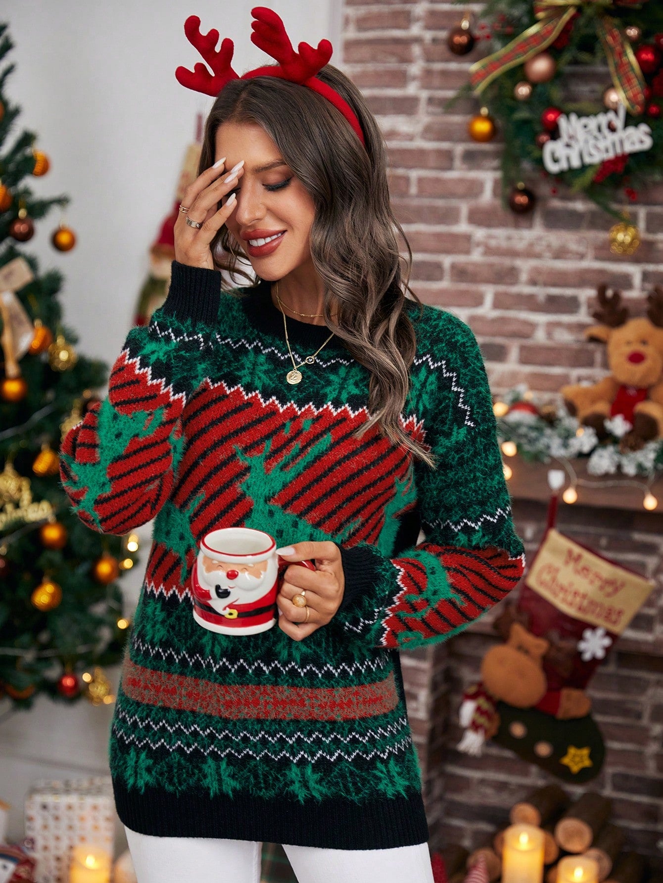SHEIN Essnce Jersey con patrón de Navidad de hombros caídos