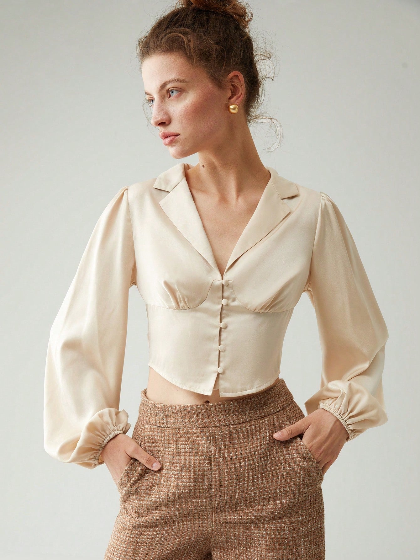 Anewsta Camisa crop de cuello con solapa de manga farol