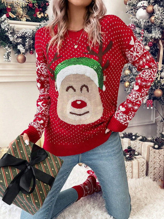 SHEIN LUNE Jersey con patrón de Navidad de hombros caídos