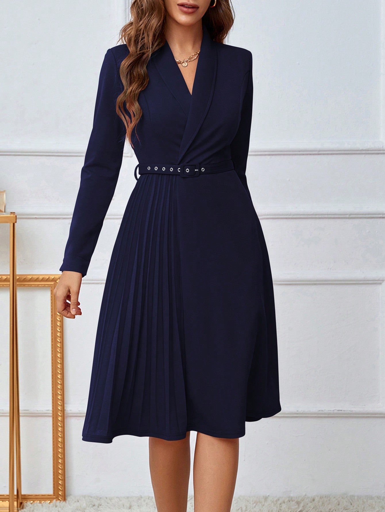 SHEIN Clasi Vestido con cinturón de cuello esmoquin fruncido panel