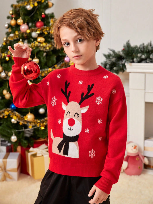 SHEIN Chico preadolescente 1 pieza Jersey con patrón de alce de Navidad de hombros caídos