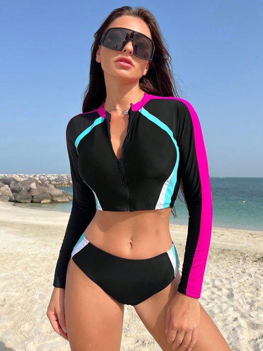 SHEIN Swim SPRTY Bañador bikini de color combinado con cremallera delantera con manga larga