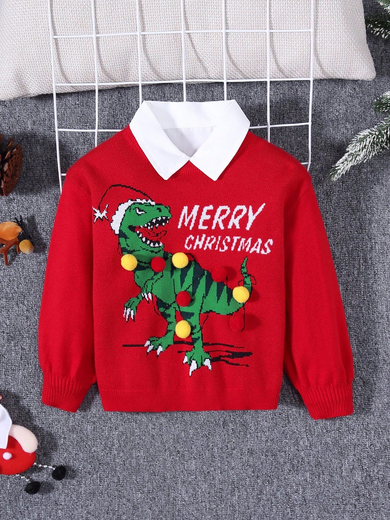 SHEIN Chicos Jersey Navidad con patrón de dinosaurio de hombros caídos