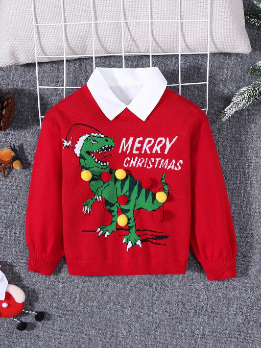 SHEIN Chicos Jersey Navidad con patrón de dinosaurio de hombros caídos