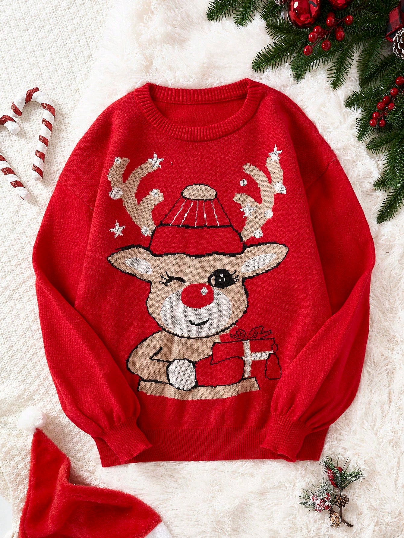 SHEIN Qutie Jersey con patrón de Navidad de hombros caídos
