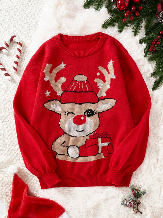 SHEIN Qutie Jersey con patrón de Navidad de hombros caídos