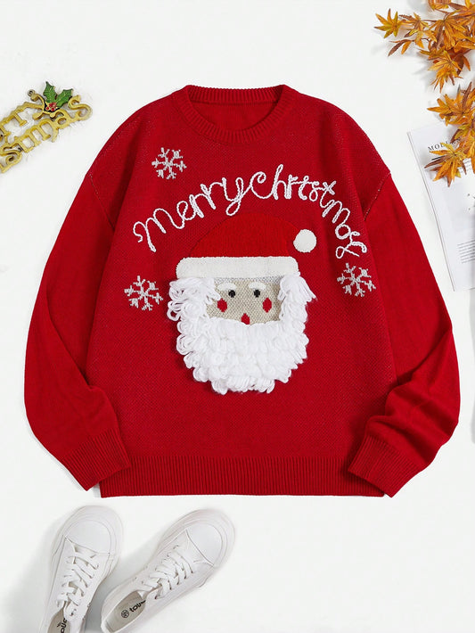 SHEIN EZwear Suéter Navideño Con Patrón De Santa Claus Y Carta De Hombro Caído