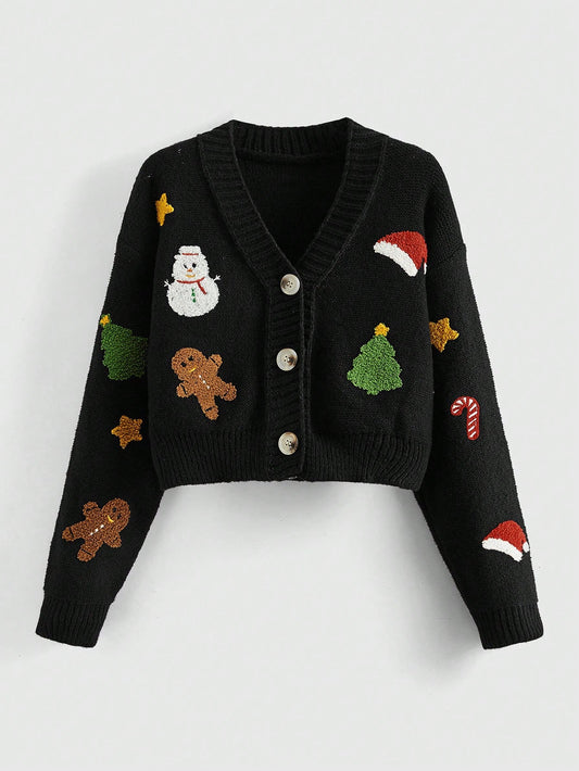 Maryam Alam sombrero de Navidad & árbol & hombre de pan de jengibre patrón con botón Cárdigan Jersey