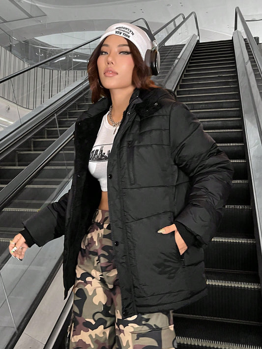 SHEIN EZwear Abrigo acolchado con bolsillo oblicuo de hombros caídos