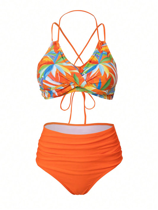 SHEIN Swim Vcay Conjunto De Bañador Mujer Estampado Tropical Carnaval