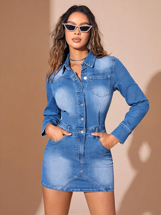 SHEIN BAE Vestido Corto Mujeres Con Camisa De Mezclilla