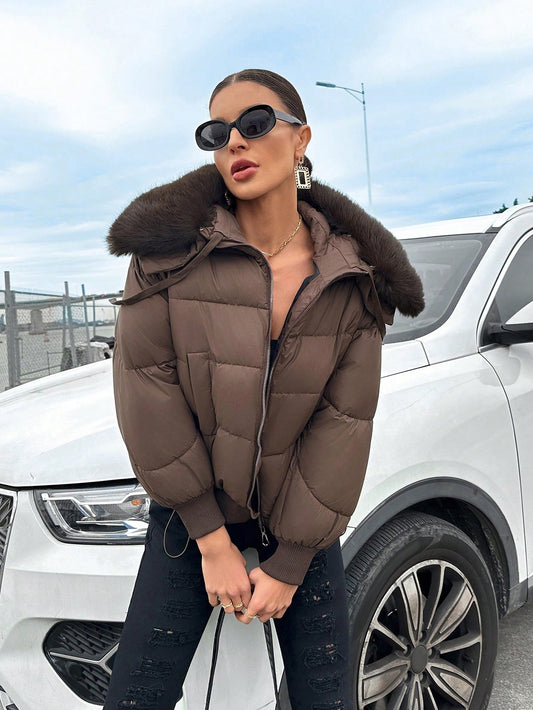 SHEIN Essnce Abrigo Acolchado De Manga Larga Con Cuello Empalmado Para Mujer