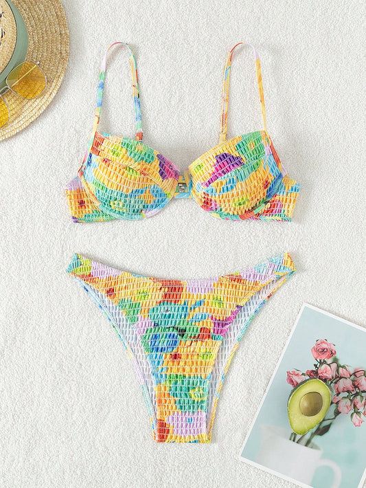 SHEIN Swim Mod Traje De Baño De Cuello Halter Con Estampado Floral Y Cubierta De Cintura Con Lazo Para Mujer En El Carnaval