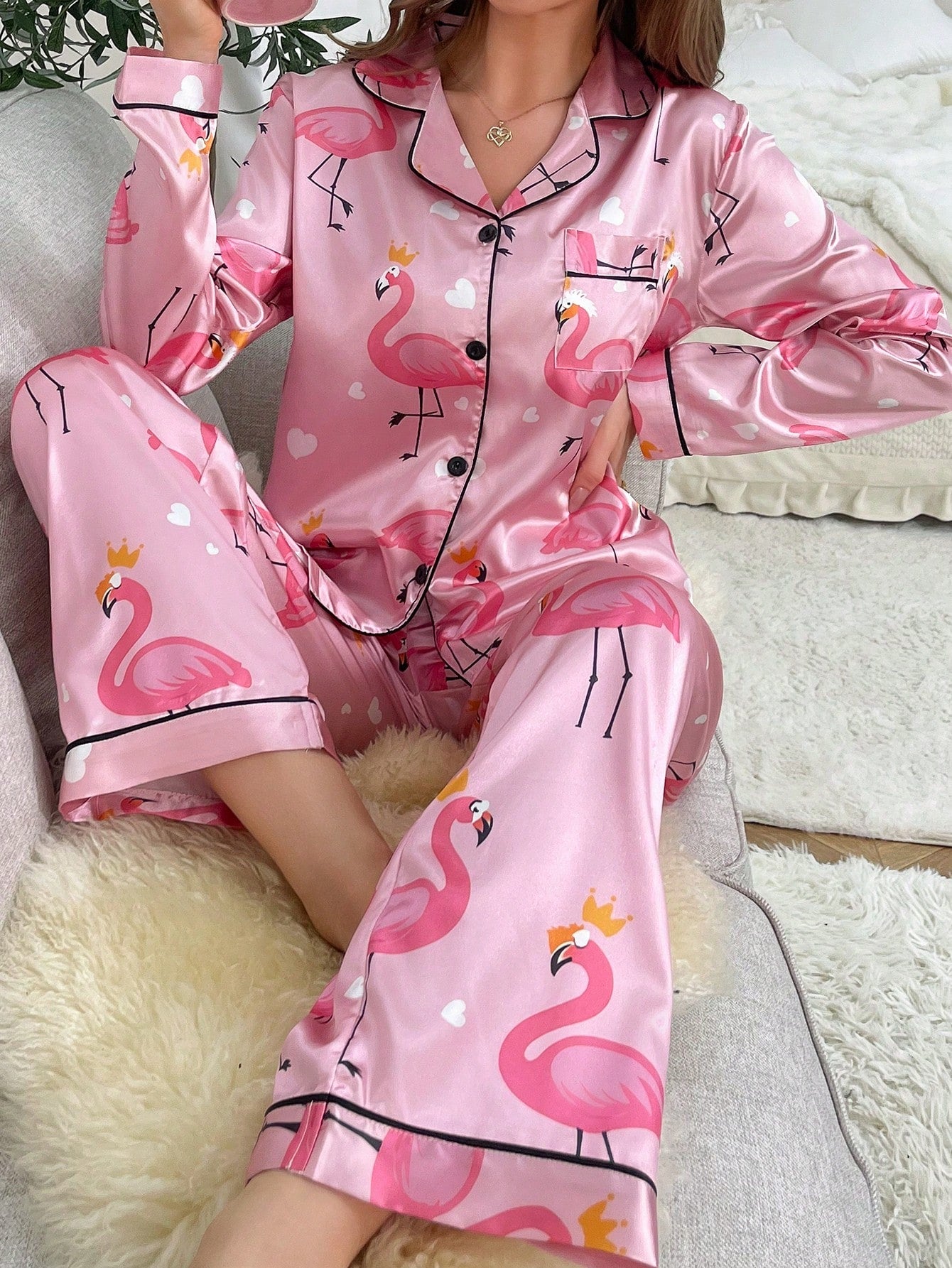 Conjunto De Pijama De Satén Con Estampado De Flamenco