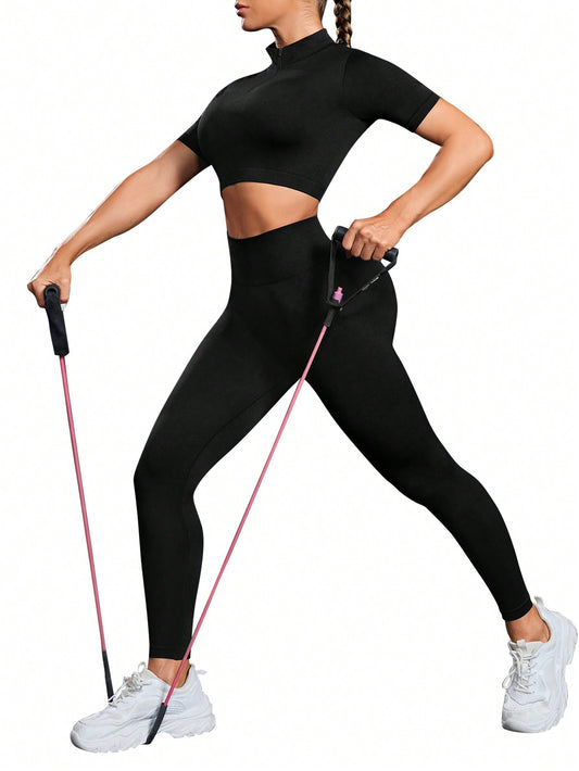 Yoga Basic Conjunto Deportivo Elegante De Top Corto Sin Costuras Con Cremallera Media Abierta Y Leggings