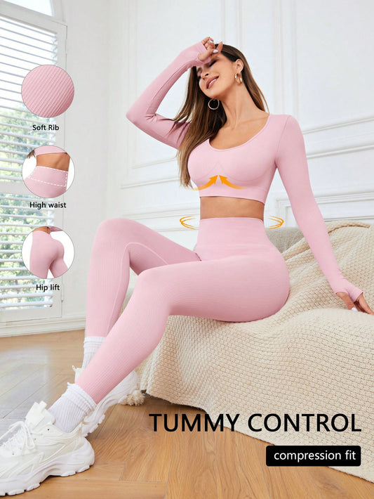 Yoga Basic Conjunto Deportivo De Camiseta De Manga Larga Acortada Y Leggings