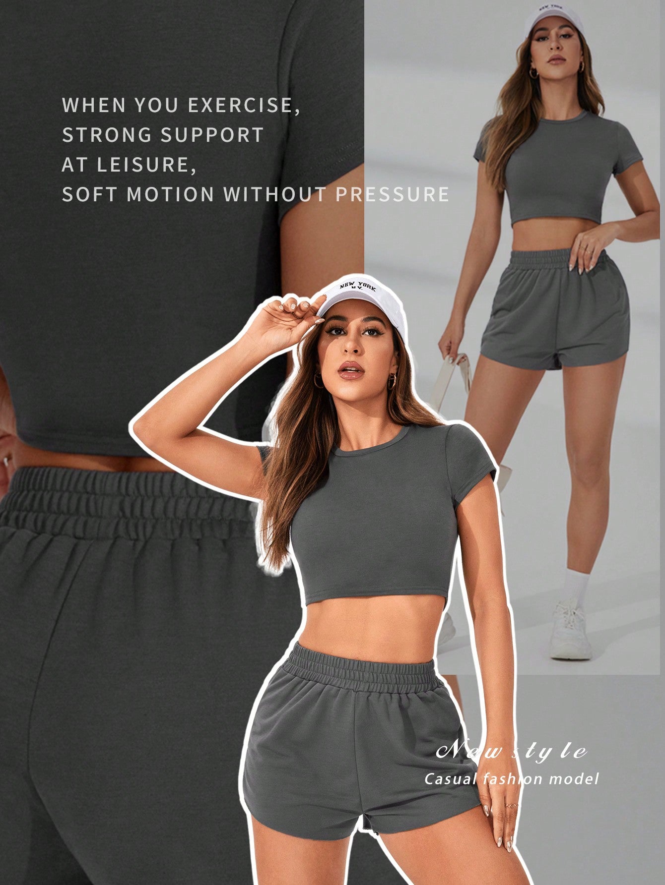 SHEIN Daily&Casual Conjunto Gris De Top Corto De Manga Corta Y Shorts De Cintura Alta, Para Primavera/verano