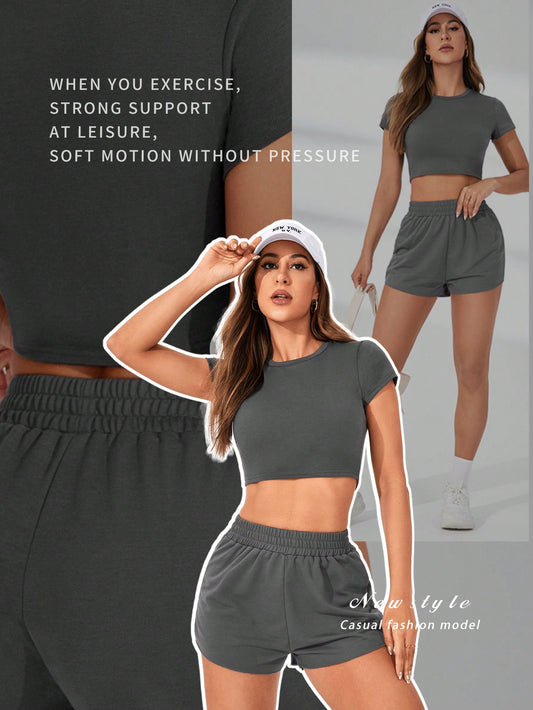 SHEIN Daily&Casual Conjunto Gris De Top Corto De Manga Corta Y Shorts De Cintura Alta, Para Primavera/verano