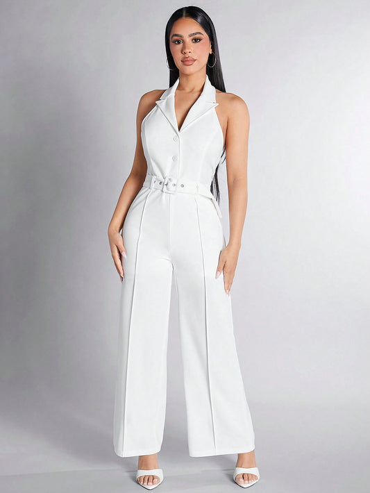 SHEIN PETITE Mono Con Cinturón Y Cuello Halter Sin Espalda Para Mujer