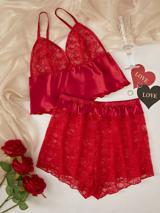 Conjunto De Pijama Para Mujer Con Encaje Y Parche De Color Sólido