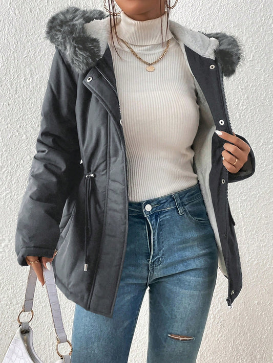 SHEIN Frenchy Chaqueta Acolchada Con Capucha, Cuello Y Cintura Con Cordón