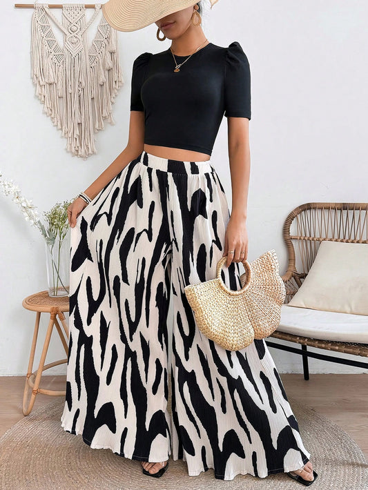 SHEIN LUNE Conjunto De Top Corto De Manga Abullonada Corta Y Falda Estampada Completa Para Mujer