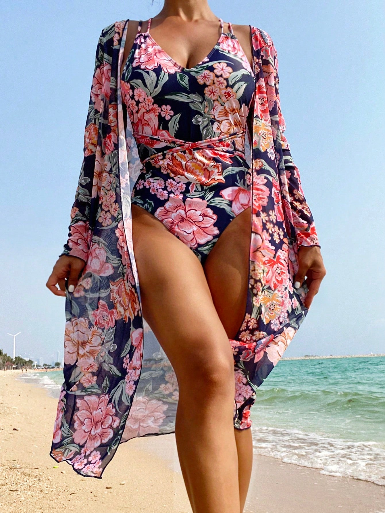 Traje De Baño De Una Pieza Estampado Floral Para Mujer Con Doble Correa De Hombro Y Kimono Para Cubrir En El Carnaval