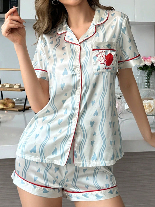 Conjunto De Pijama De Bolsillo Para Mujeres, Diseño De Corazón Y Ribete Contrastante