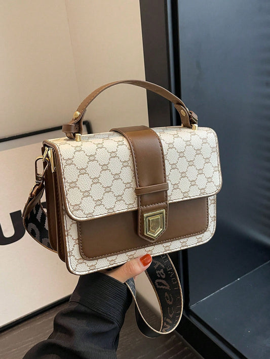 Bolsa Pequeña Cuadrada De Moda Con Diseño De Cuadros Para Mujeres Con Presbicia, Bolsa Doble De Piel Sintética Elegante Con Cierre De Bloqueo Giratorio Y Correa De Hombro Portátil, Elegante Y Versátil, Adecuada Para Uso Diario Y Viajes De Mujeres