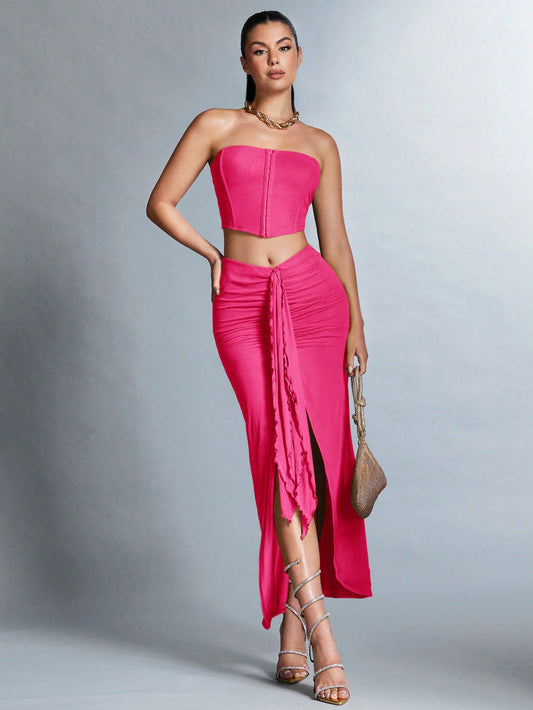 SHEIN BAE Conjunto de top de tubo de unicolor para mujer con falda hasta la rodilla