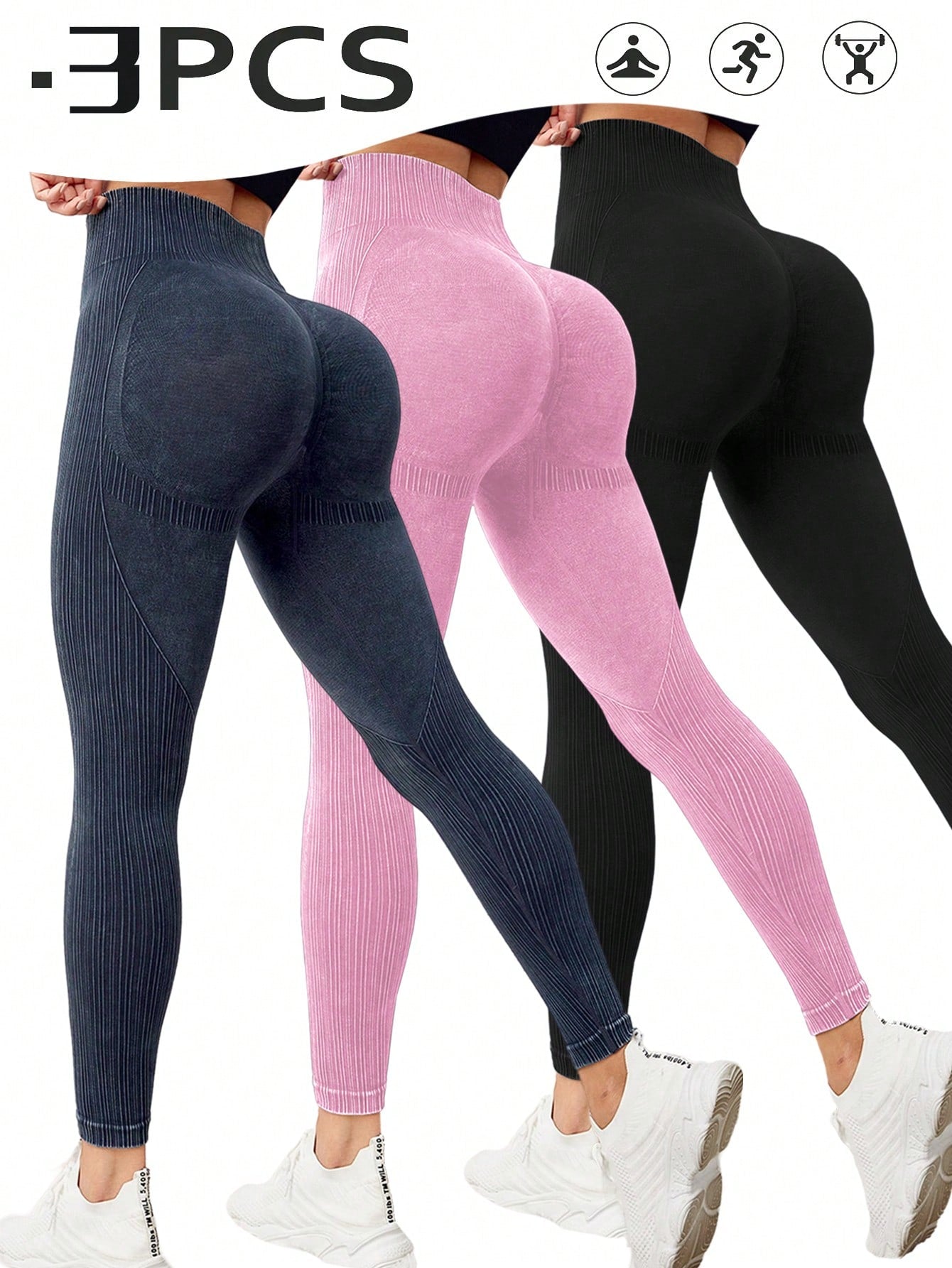 SHEIN Sport Studio Leggings de yoga de 3 paquetes con elasticidad, control de vientre y levantamiento de glúteos