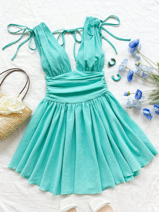 SHEIN WYWH Vestido de verano para Mujer WYWH estilo de vacaciones, de color verde Lago con escote en V profundo y dobladillo irregular en forma de X, confeccionado en tejido texturizado