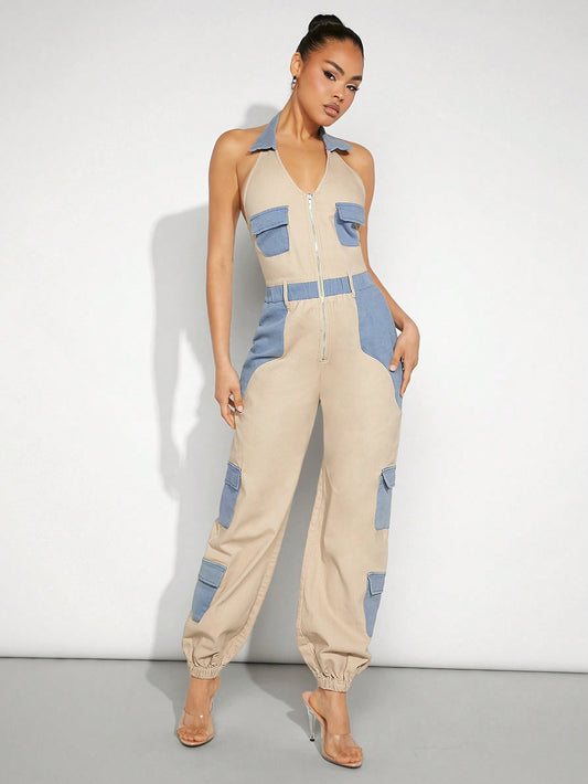 SHEIN Haute Mono Sin Mangas De Estilo Halter De Color Block Con Cremallera Y Cargaderas
