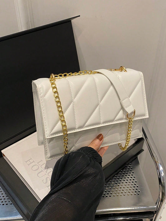 1 pieza Bolso de hombro de cadena metálica con solapa y hebilla magnética de moda, sencillo y liso adecuado para mujeres en su día a día, casual, trabajo y regalo para vacaciones