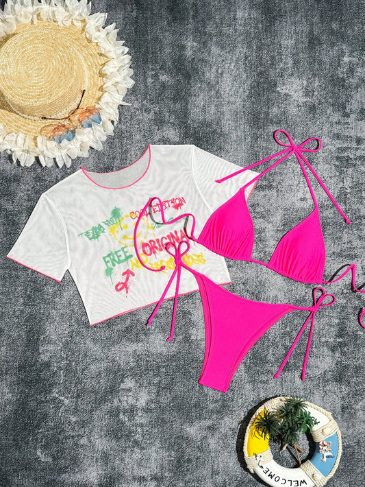 SHEIN Swim Event Conjunto de bikini sexy para mujer de unicolor con cuello halter y correa para el cuello para playa de verano con cubierta de manga corta impresa con lema